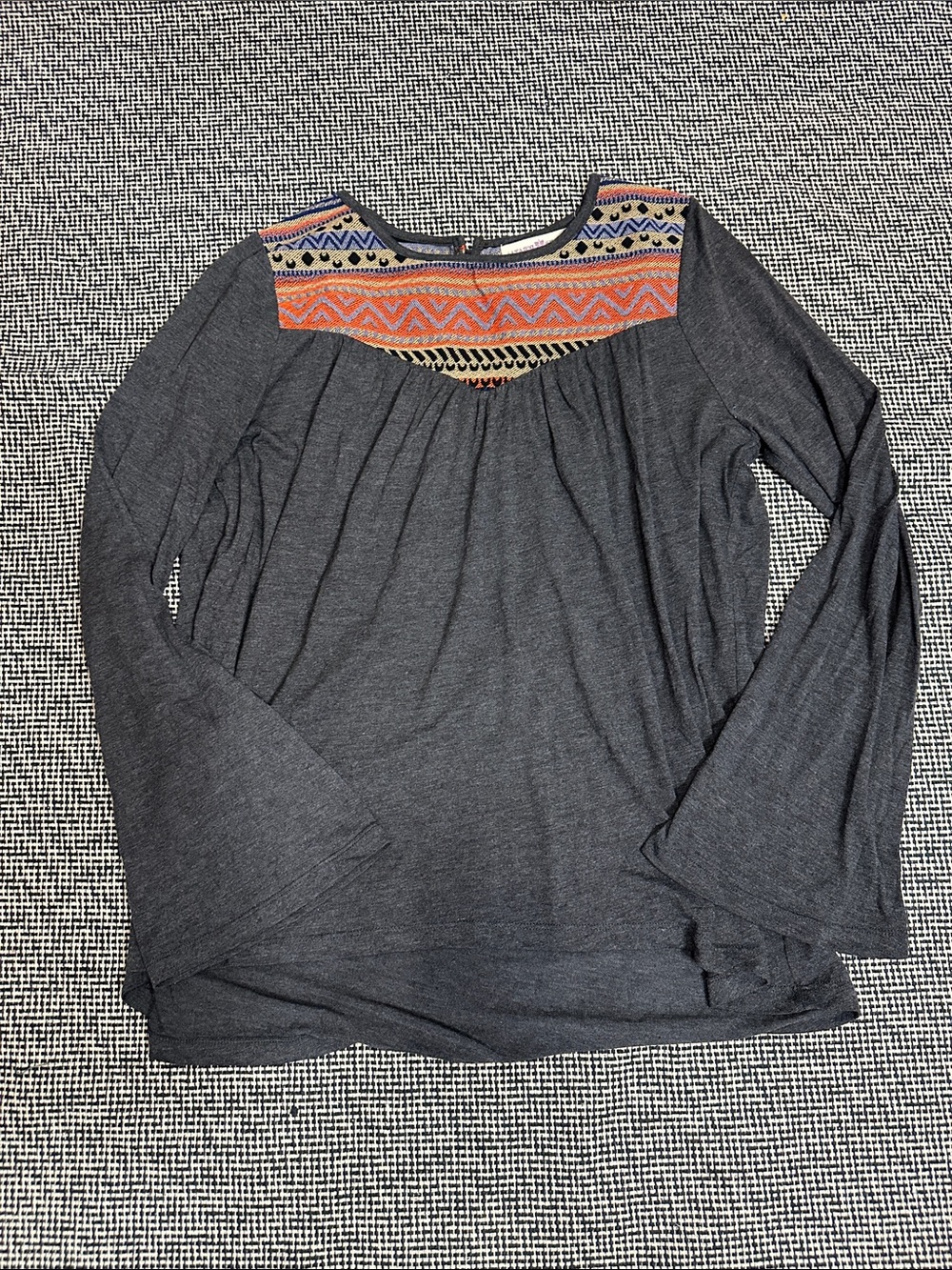 Altar'd State Charcoal Gray Long-Sleeve Top with Orange Patterned Yoke